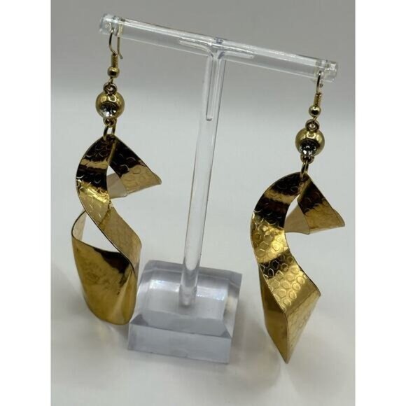 Gold-Tone Spiral Dangle Earrings With Textured Hammered Design - Picture 2 of 6